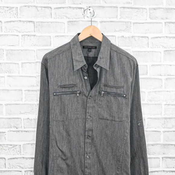 John Varvatos Men's Button up Shirt zip pockets in grey size large - Picture 6 of 7